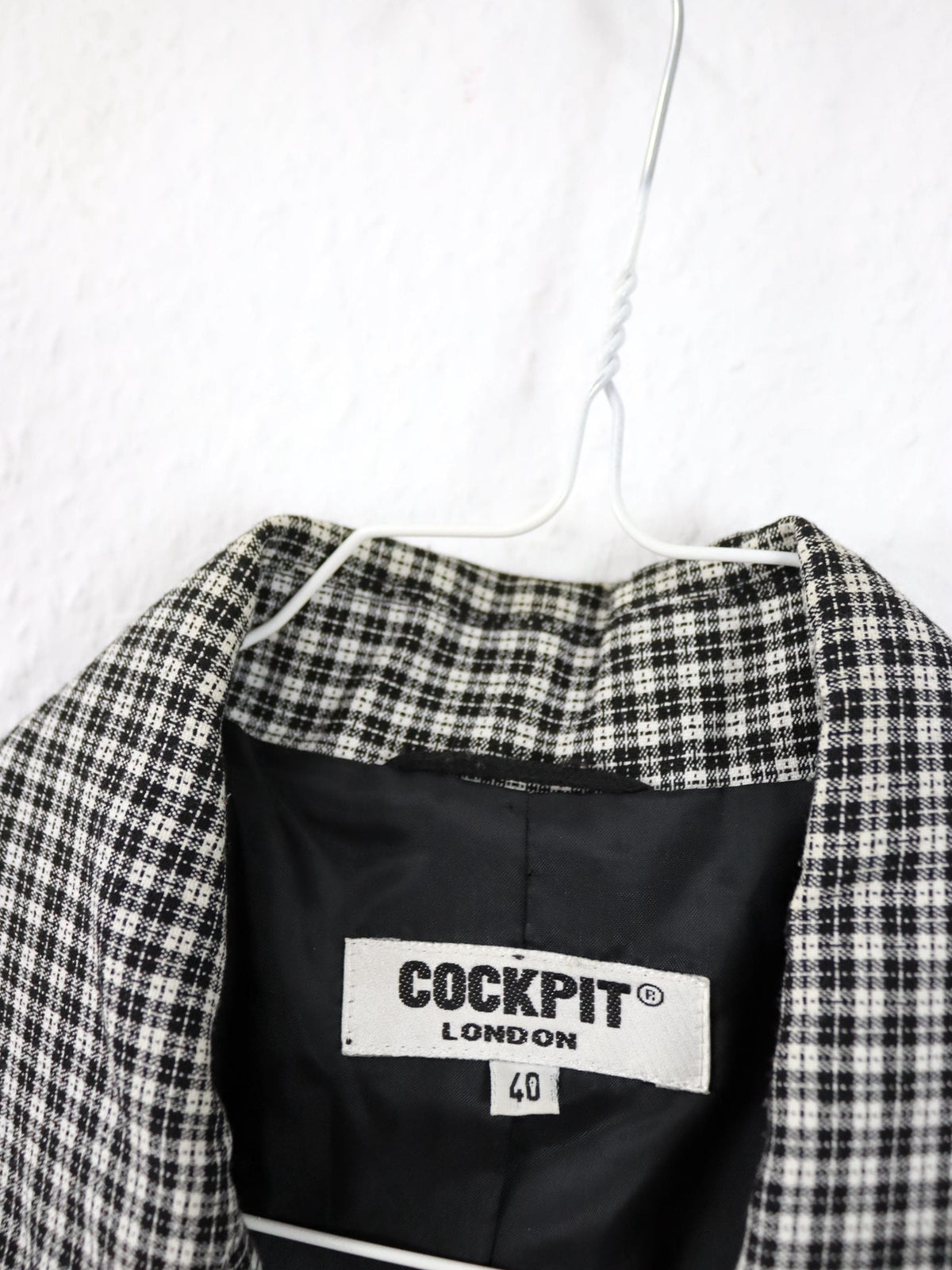 Vintage 80er 90er COCKPIT LONDON Blazer Schulterpolster tailliert schwarz weiß kariert 40