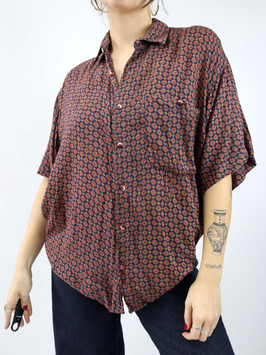 Vintage 80er 90er MONDIAL SHIRT Hemd kurzarm crazy pattern rot dunkelblau XL