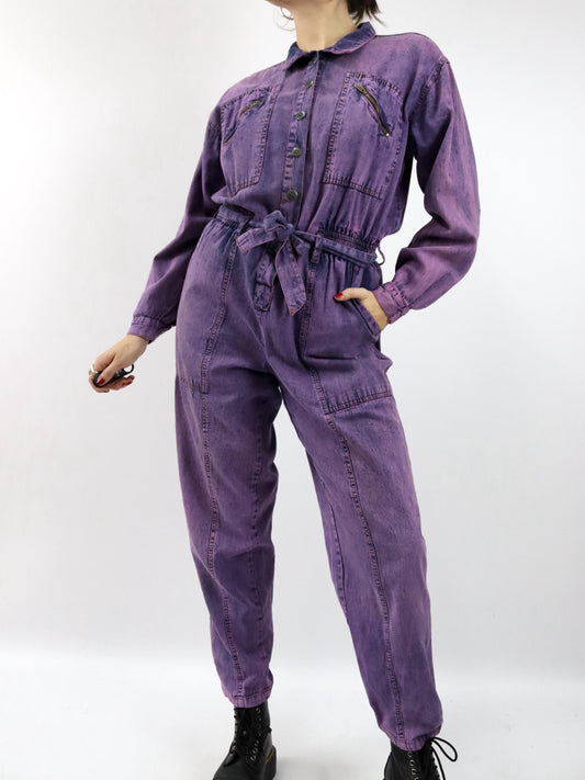 Vintage 80er 90er Overall Einteiler Denim Lila Gürtel stonewashed 38/40
