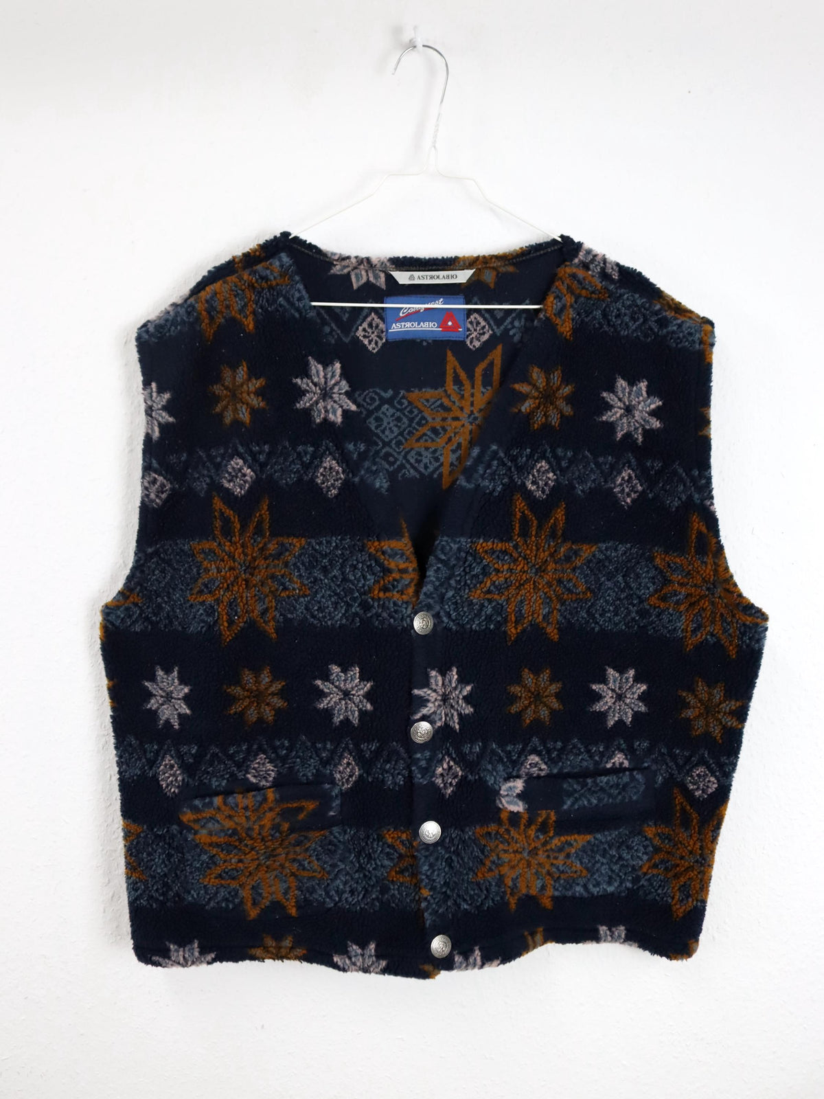 Vintage 80s 90s ASTROLABIO Fleece Vest patterned dark blue L