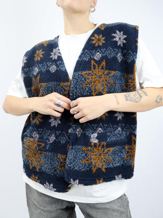 Vintage 80er 90er ASTROLABIO Fleeceweste Weste gemustert dunkelblau L