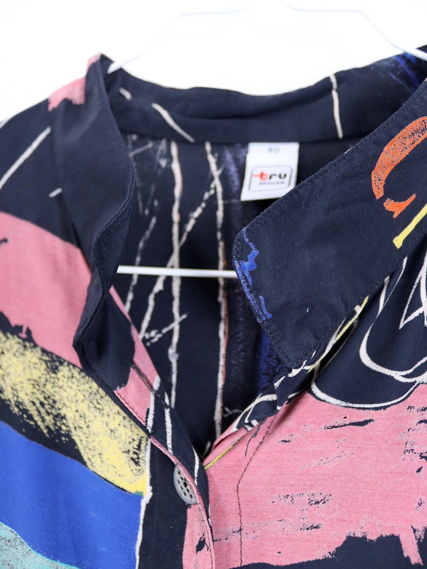 Vintage 80er 90er TRU BLOUSE Bluse langarm Viskose crazy pattern schwarz bunt 40