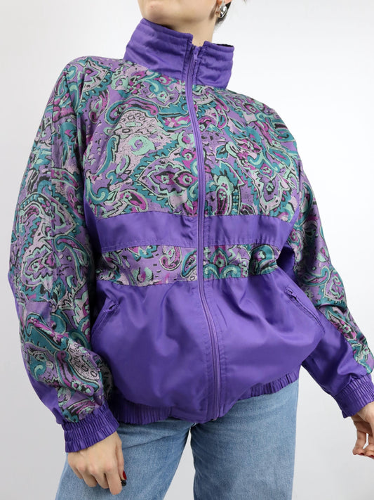 Vintage 80er 90er LEON Trainingsjacke Stehkragen Jacke crazy pattern Lila M
