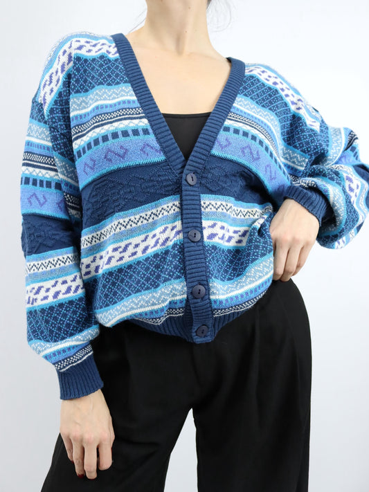 Vintage 80er 90er JACUARD Cardigan Strickjacke gemustert weiß blau M