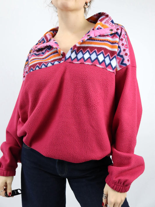 Vintage 80er 90er GILL KAYO Fleecepullover pink crazy pattern Stehkragen XL