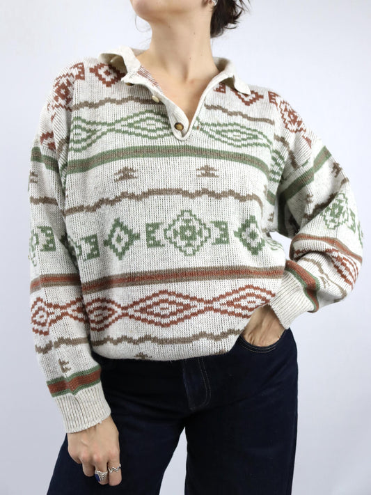Vintage 80er 90er GAMEOVER Wollpullover gemustert beige cremeweiß Wolle M