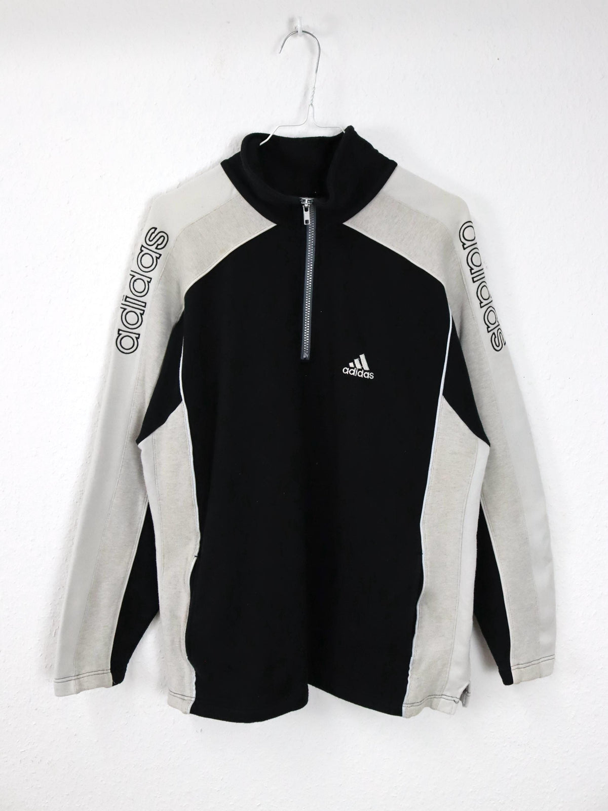 Vintage 80er 90er ADIDAS Sweatshirt Pullover Stehkragen schwarz grau weiß D4 M
