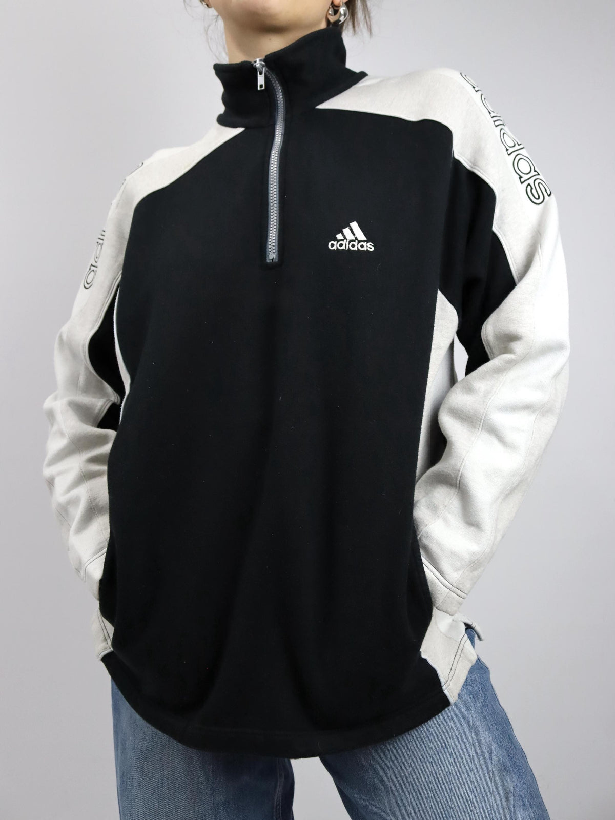 Vintage 80er 90er ADIDAS Sweatshirt Pullover Stehkragen schwarz grau weiß D4 M