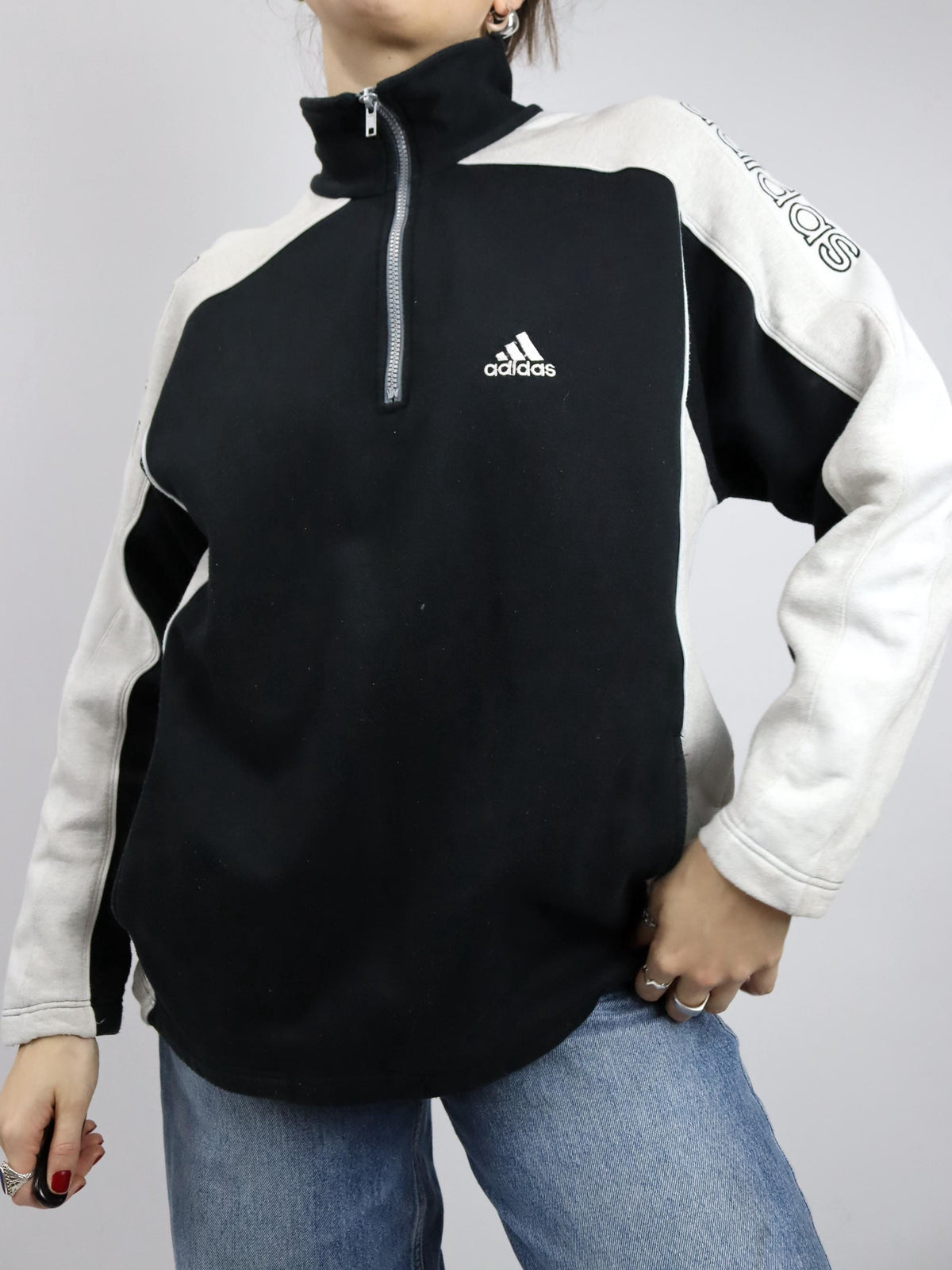 Vintage 80er 90er ADIDAS Sweatshirt Pullover Stehkragen schwarz grau weiß D4 M