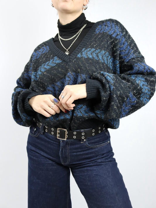 Vintage 80er 90er Wollpullover Strickpullover V-Ausschnitt schwarz blau weiß M