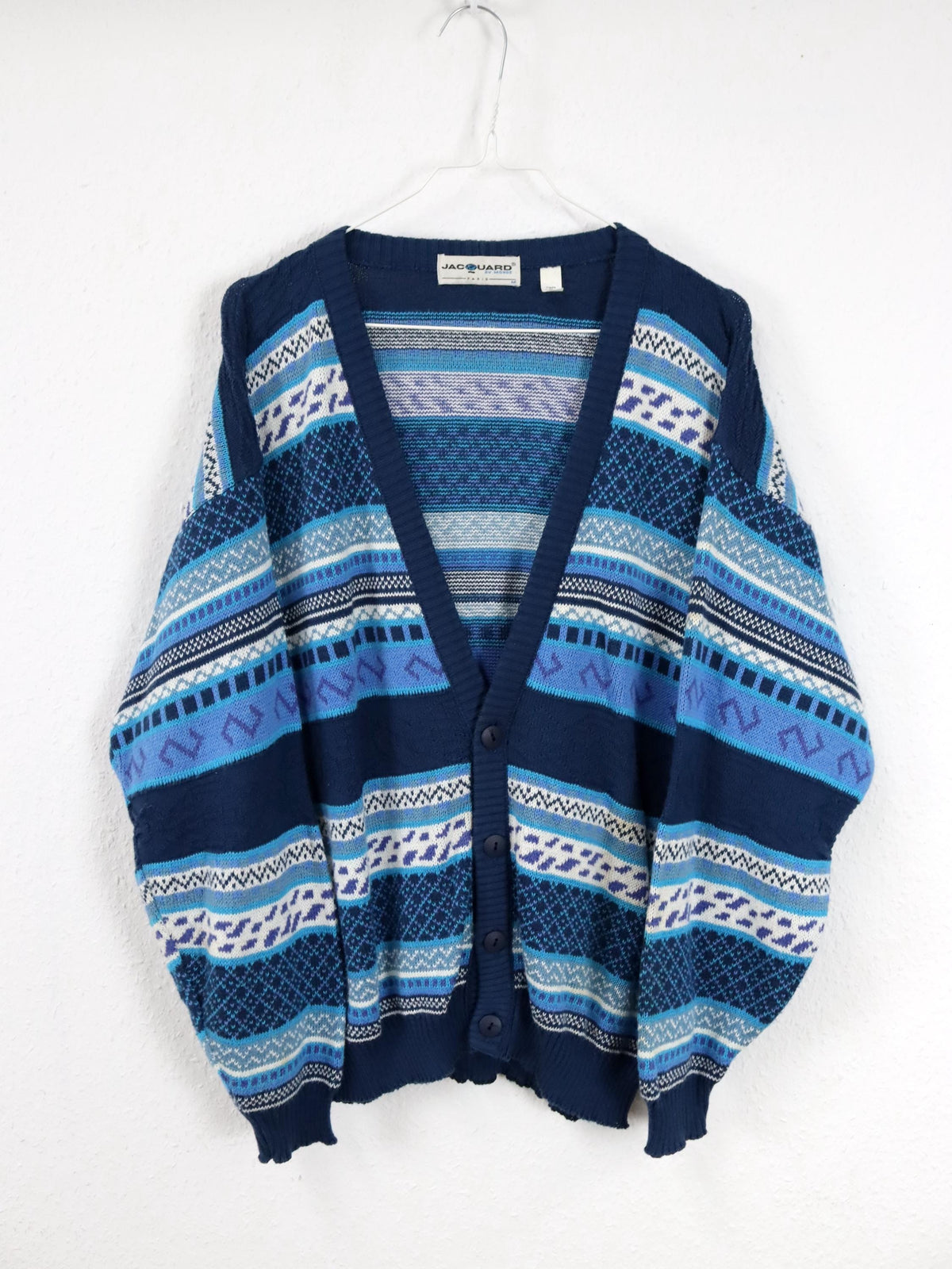 Vintage 80er 90er JACUARD Cardigan Strickjacke gemustert weiß blau M