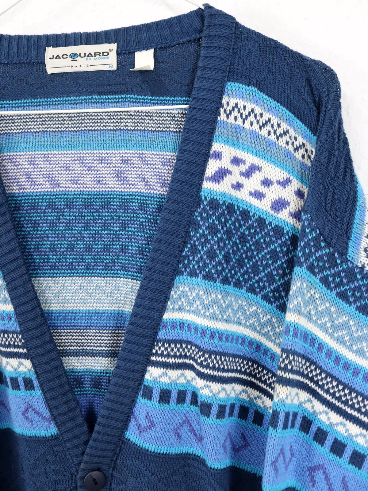 Vintage 80er 90er JACUARD Cardigan Strickjacke gemustert weiß blau M
