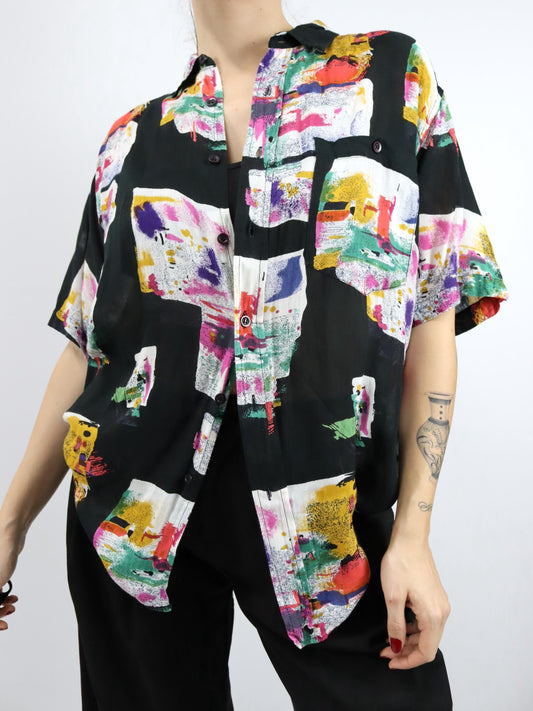 Vintage 80er 90er COMPANY Hemd Bluse kurzarm crazy pattern Viskose M