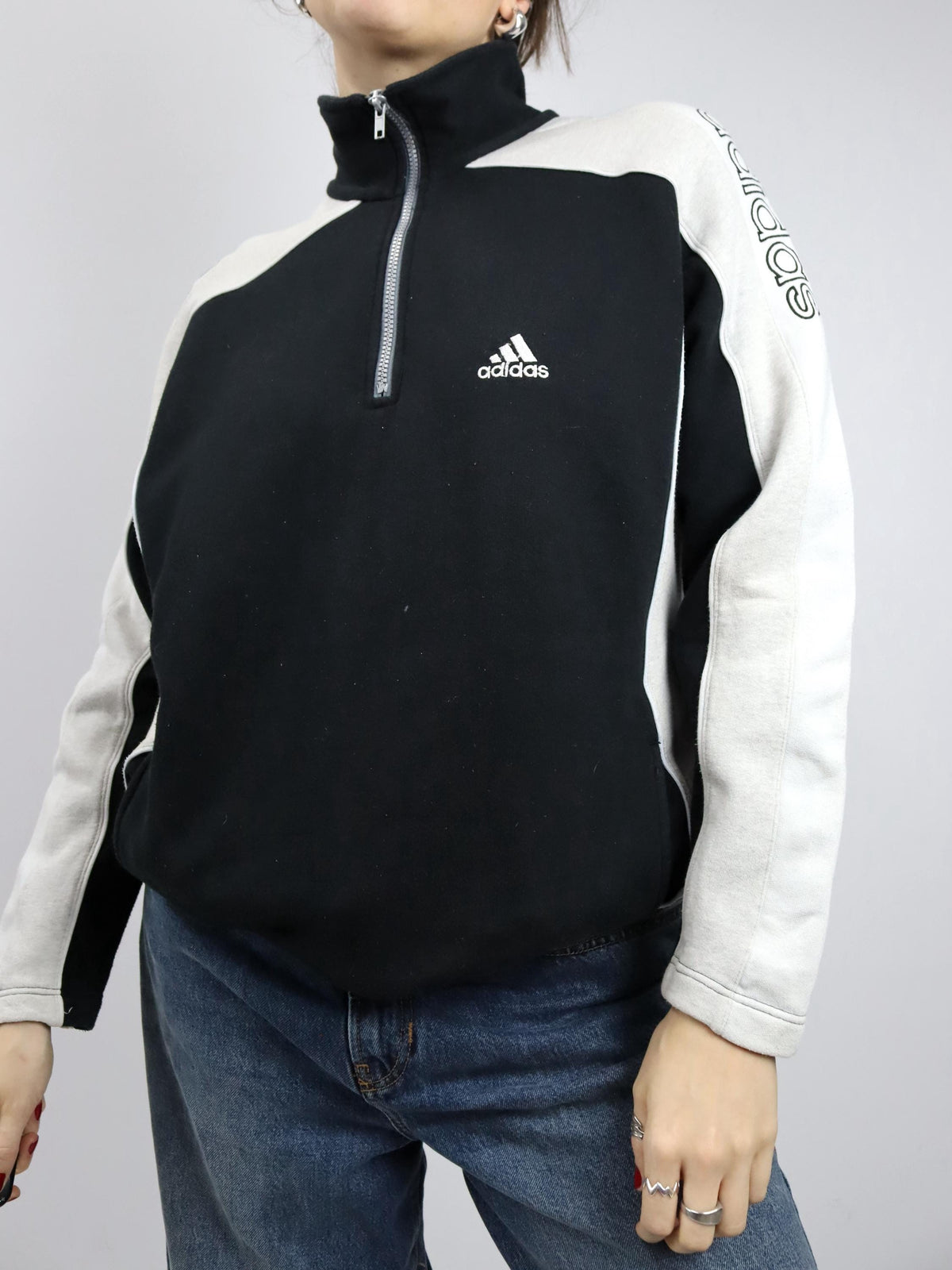 Vintage 80er 90er ADIDAS Sweatshirt Pullover Stehkragen schwarz grau weiß D4 M