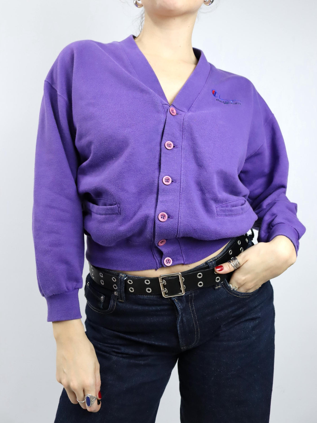 Vintage 80s 90s CHAMPION Cardigan Purple Jacket S