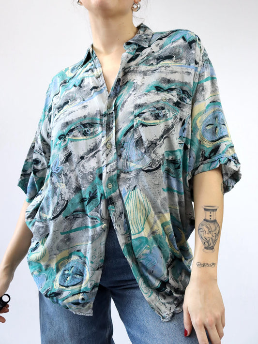 Vintage 80er 90er COMPANY Hemd Kurzarm Crazy Pattern grau schwarz blau grün gelb L