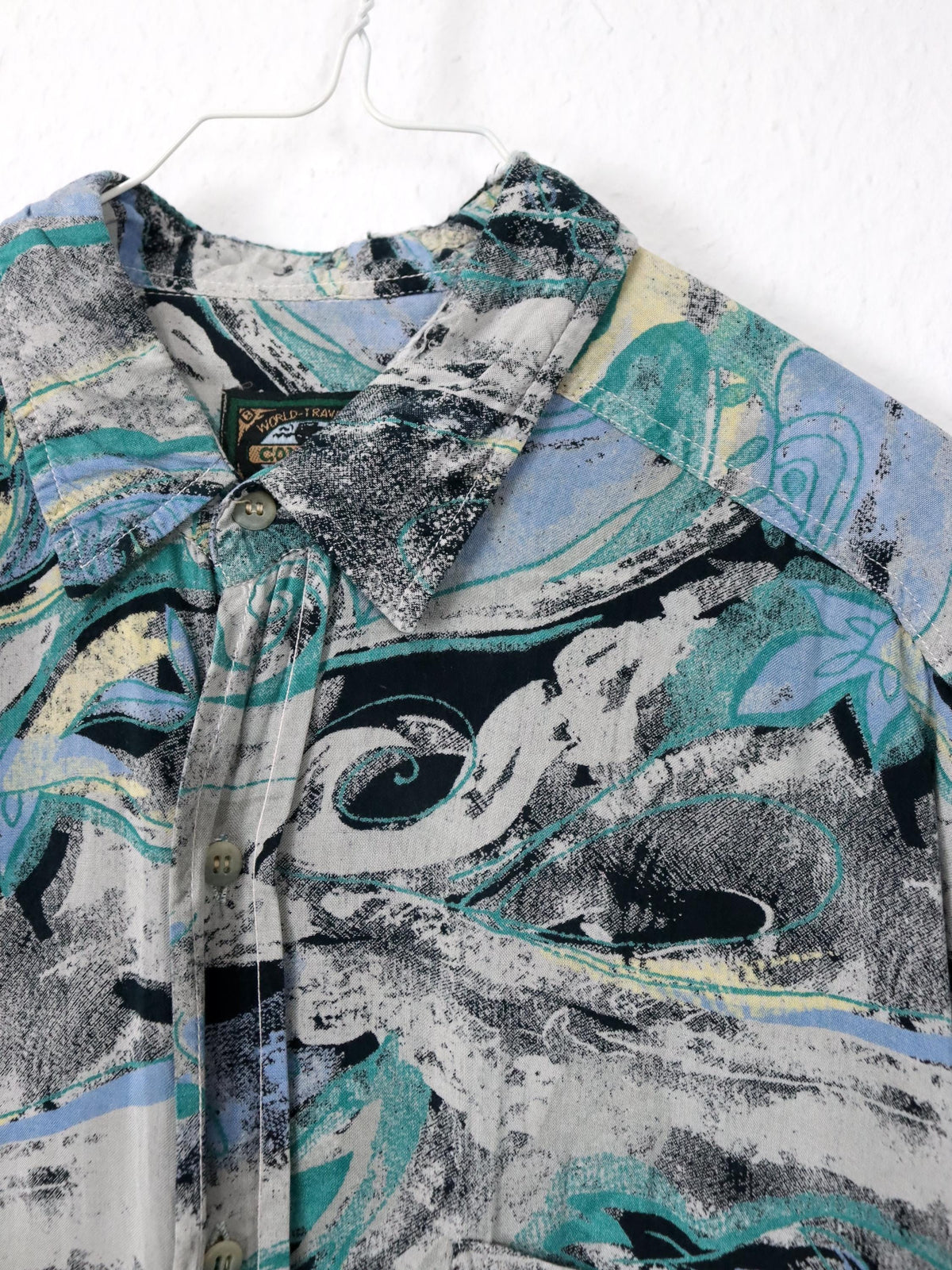 Vintage 80er 90er COMPANY Hemd Kurzarm Crazy Pattern grau schwarz blau grün gelb L