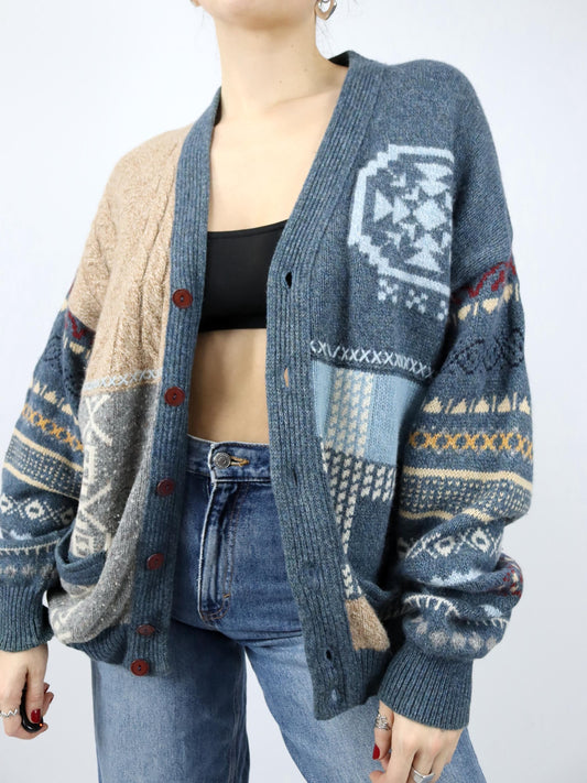 Vintage 80er 90er BLASTER Wollcardigan Cardigan Wolle Angora gemustert 50 L
