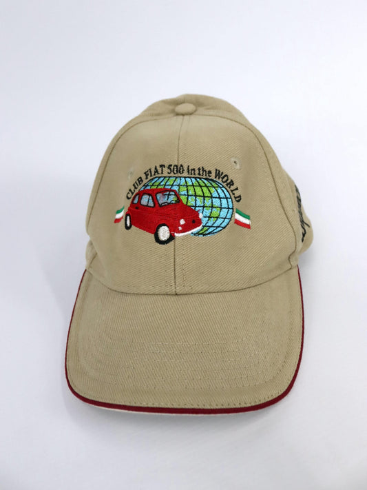 Vintage 90er 00er Y2k ATLANTIS Headwear Cap Club fiat 500 in the World beige Stickerei one size