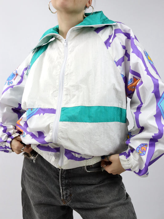 Vintage 80er 90er AK SPORT Trainingsjacke Jacke Stehkragen glänzend crazy pattern weiß bunt L