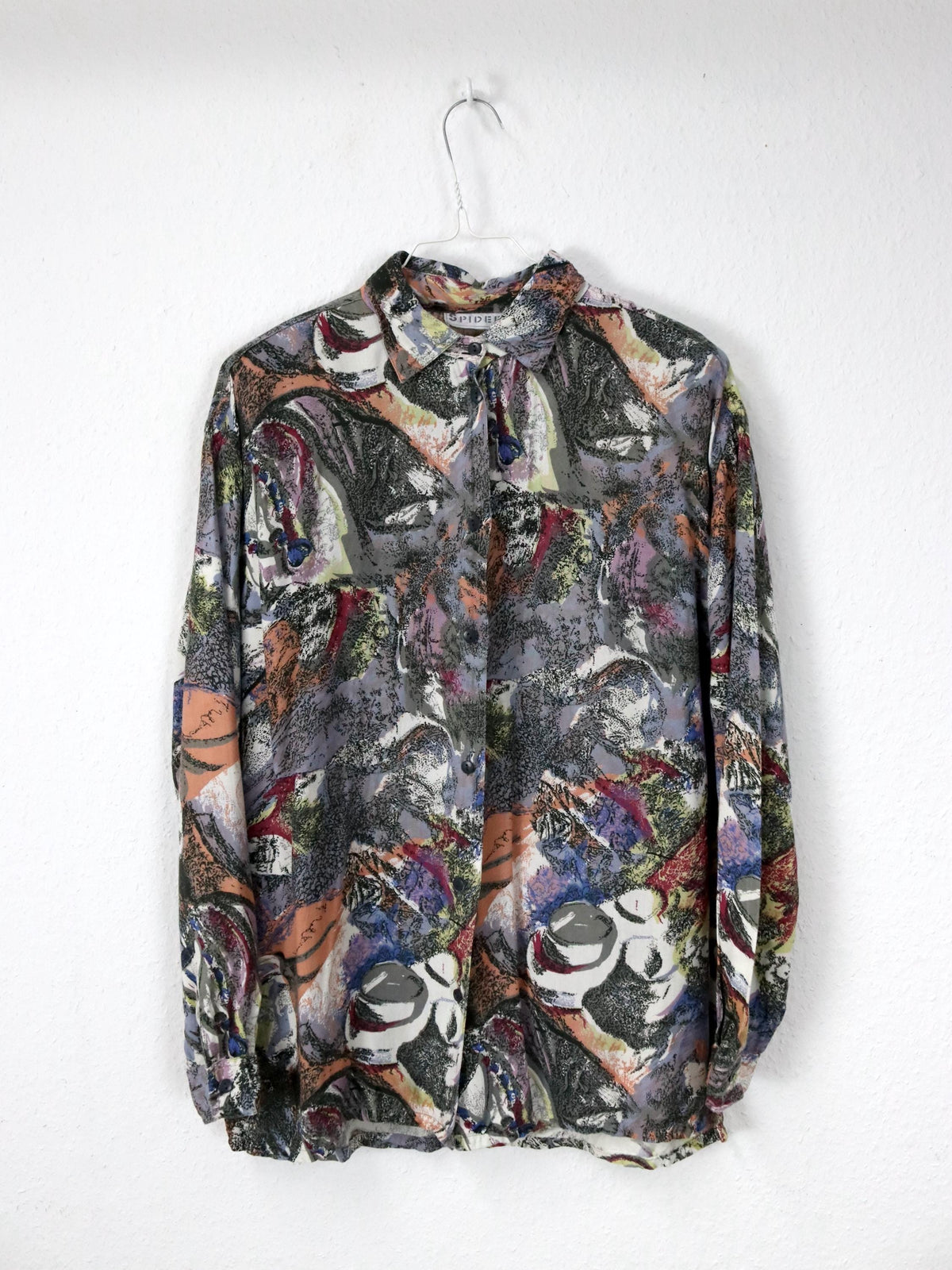 Vintage 80er 90er SPIDER Bluse Langarm Crazy Pattern grau schwarz orange blau lila rot gelb Schulterpolster L