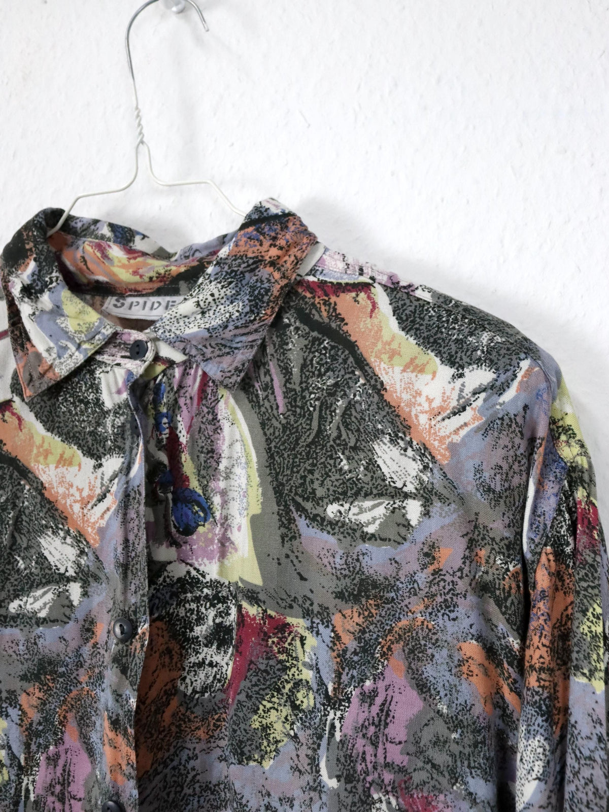 Vintage 80er 90er SPIDER Bluse Langarm Crazy Pattern grau schwarz orange blau lila rot gelb Schulterpolster L