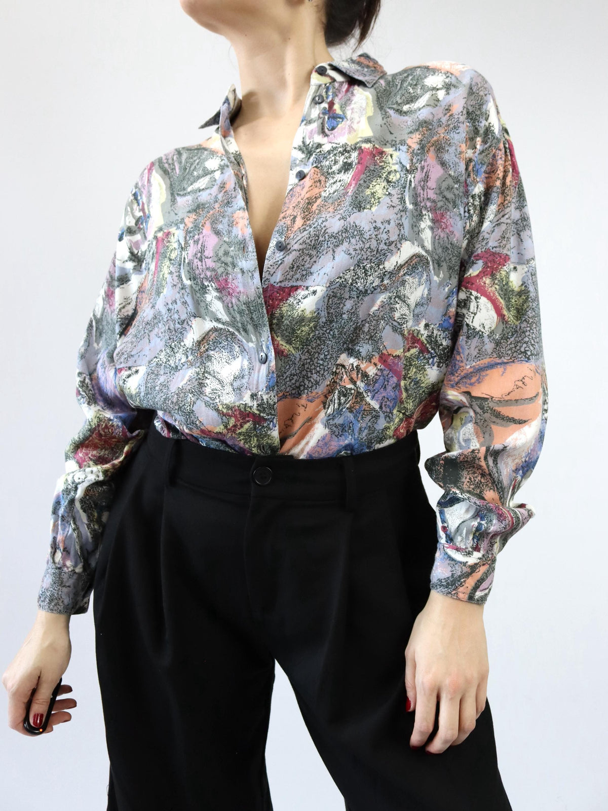 Vintage 80er 90er SPIDER Bluse Langarm Crazy Pattern grau schwarz orange blau lila rot gelb Schulterpolster L