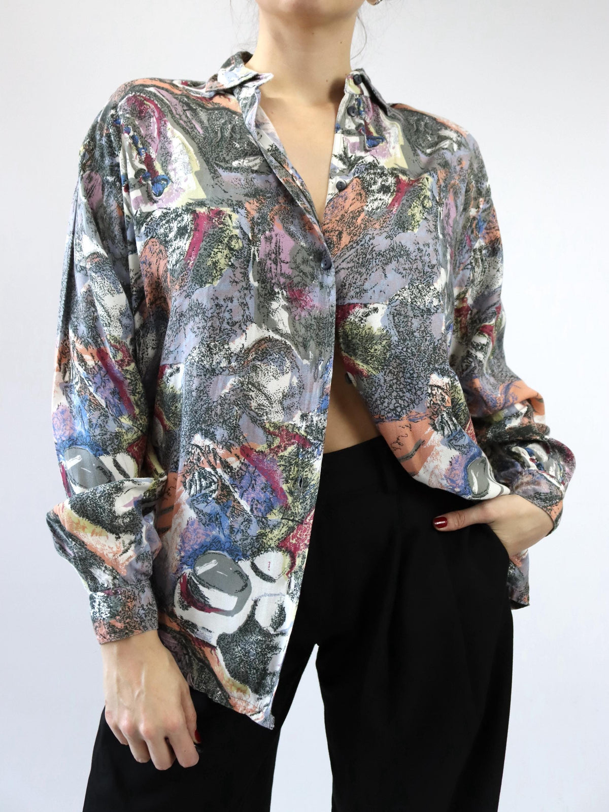 Vintage 80er 90er SPIDER Bluse Langarm Crazy Pattern grau schwarz orange blau lila rot gelb Schulterpolster L