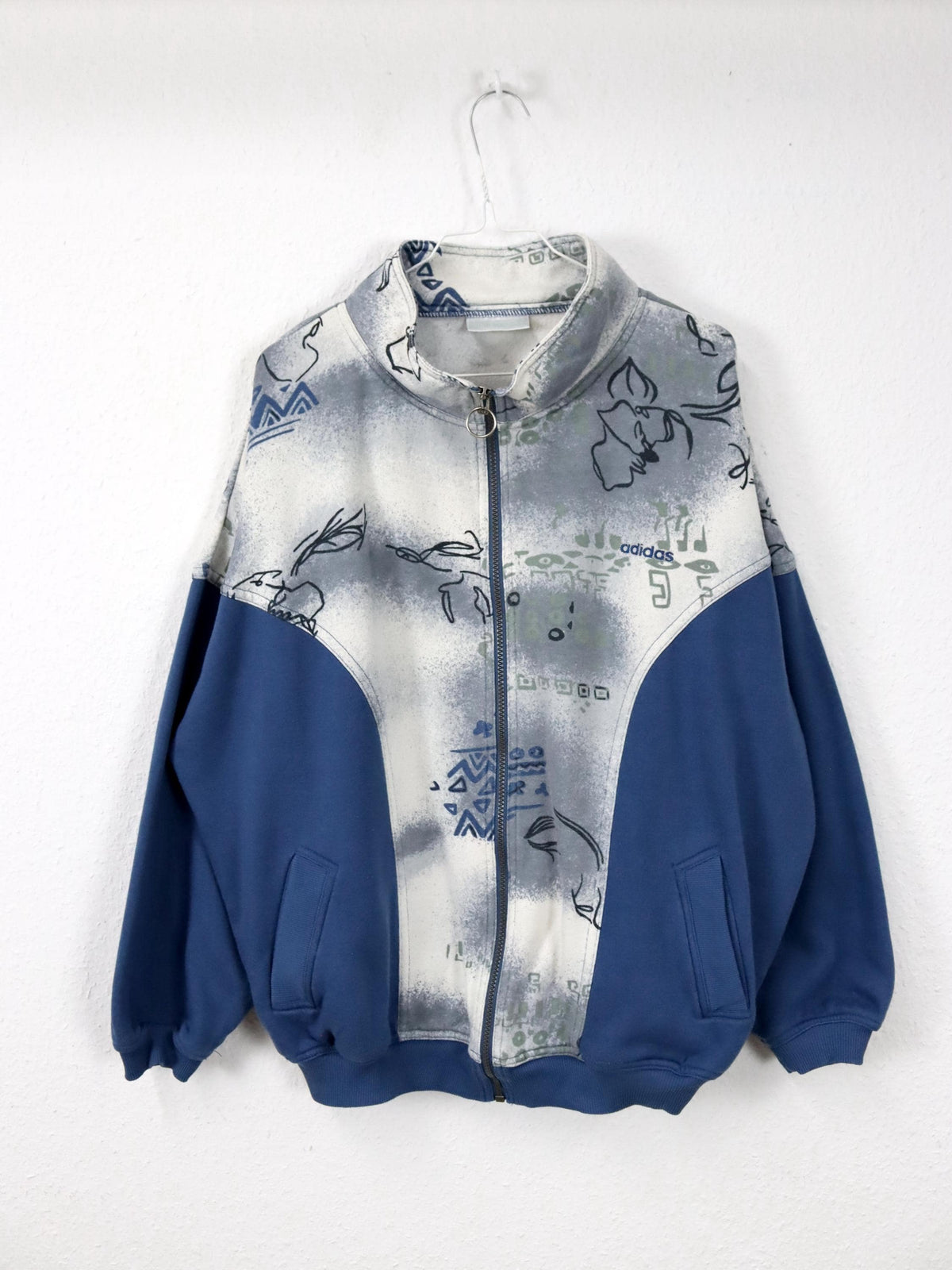 Vintage 80s 90s ADIDAS Sweatshirt Jacket blue crazy pattern Stand-up collar D46 L