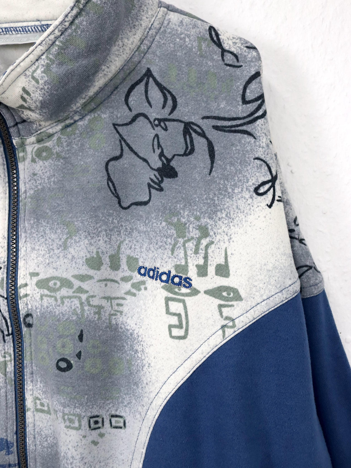 Vintage 80s 90s ADIDAS Sweatshirt Jacket blue crazy pattern Stand-up collar D46 L