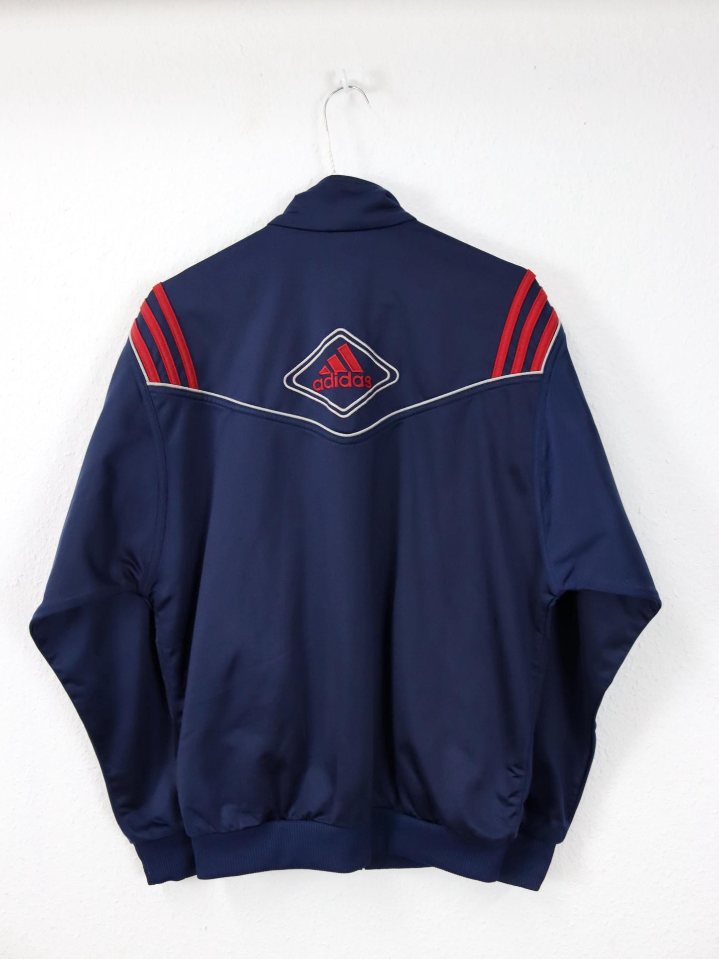 Vintage 80er 90er ADIDAS Trainingsjacke Jacke Stehkragen dunkelblau rot 176 M