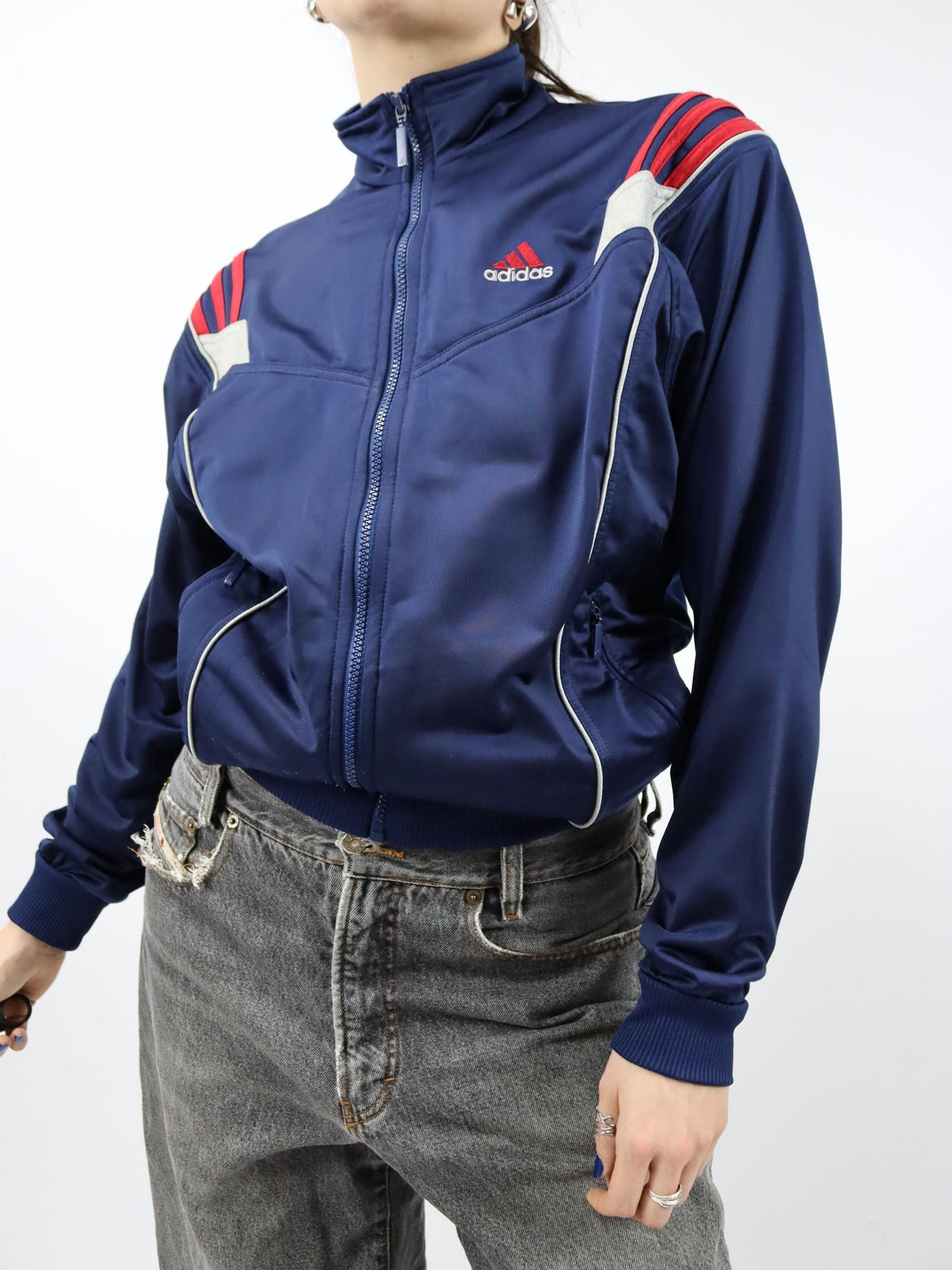 Vintage 80s 90s ADIDAS Track Jacket Stand-up Collar dark blue red 176 M
