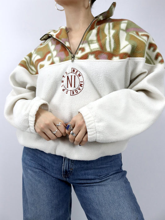 Vintage 80er 90er Fleecepullover Stehkragen crazy pattern weiß M