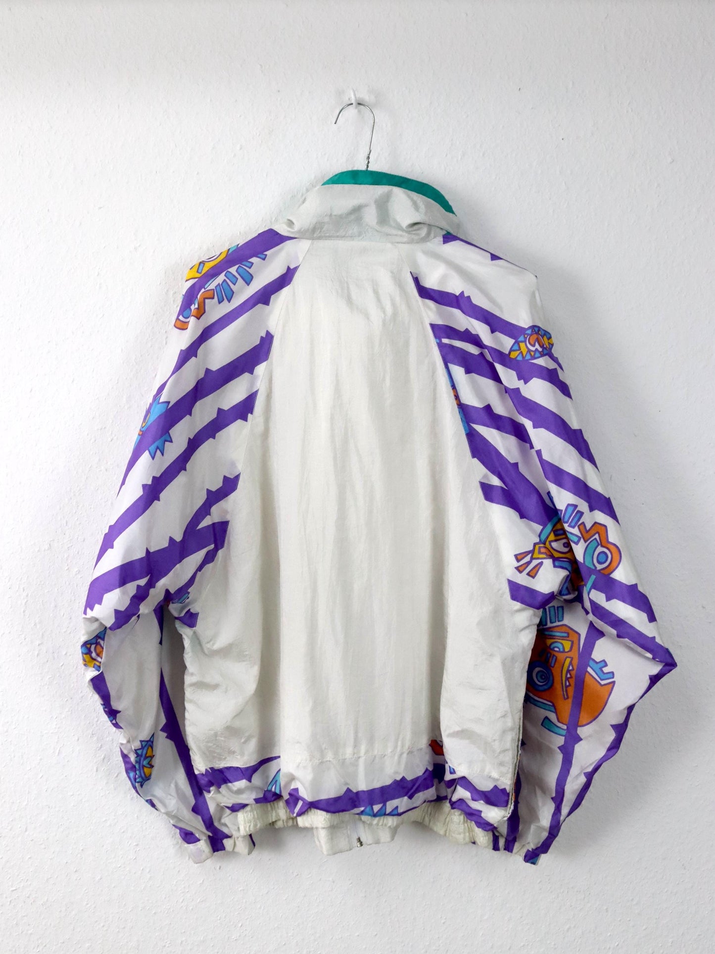 Vintage 80er 90er AK SPORT Trainingsjacke Jacke Stehkragen glänzend crazy pattern weiß bunt L