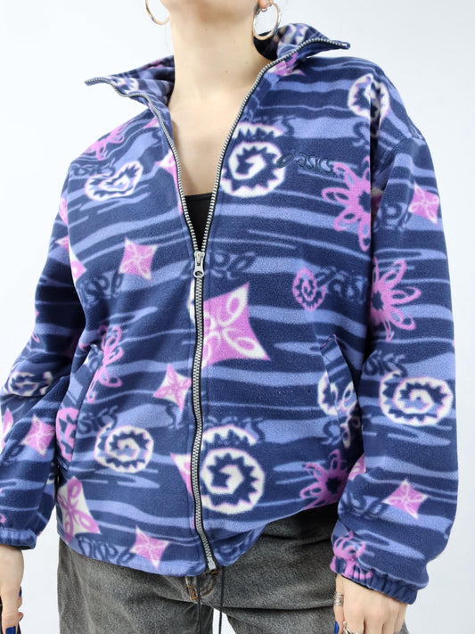 Vintage 80er 90er ASICS Fleecejacke Jacke crazy pattern pink blau doppellagig L