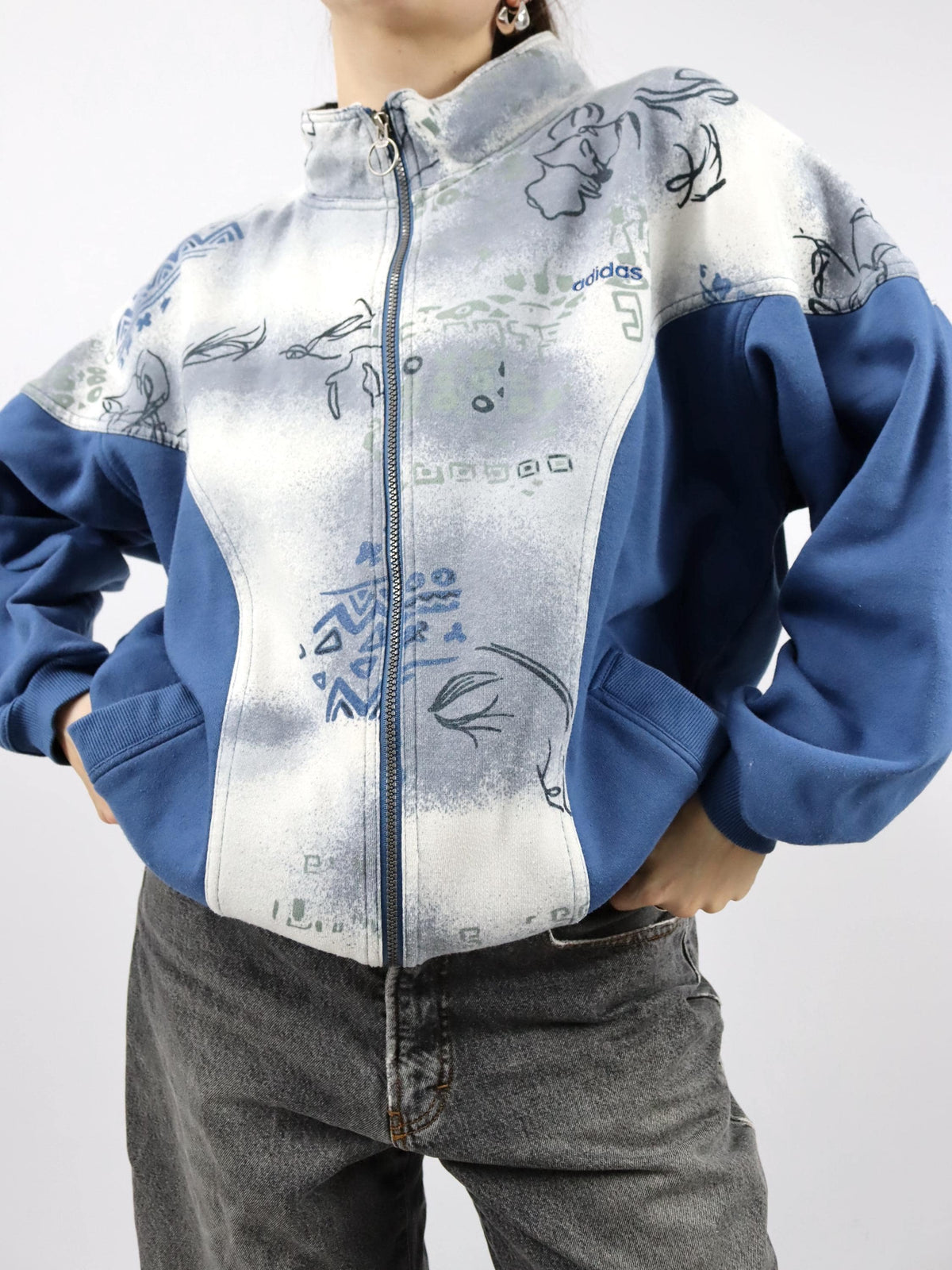 Vintage 80s 90s ADIDAS Sweatshirt Jacket blue crazy pattern Stand-up collar D46 L