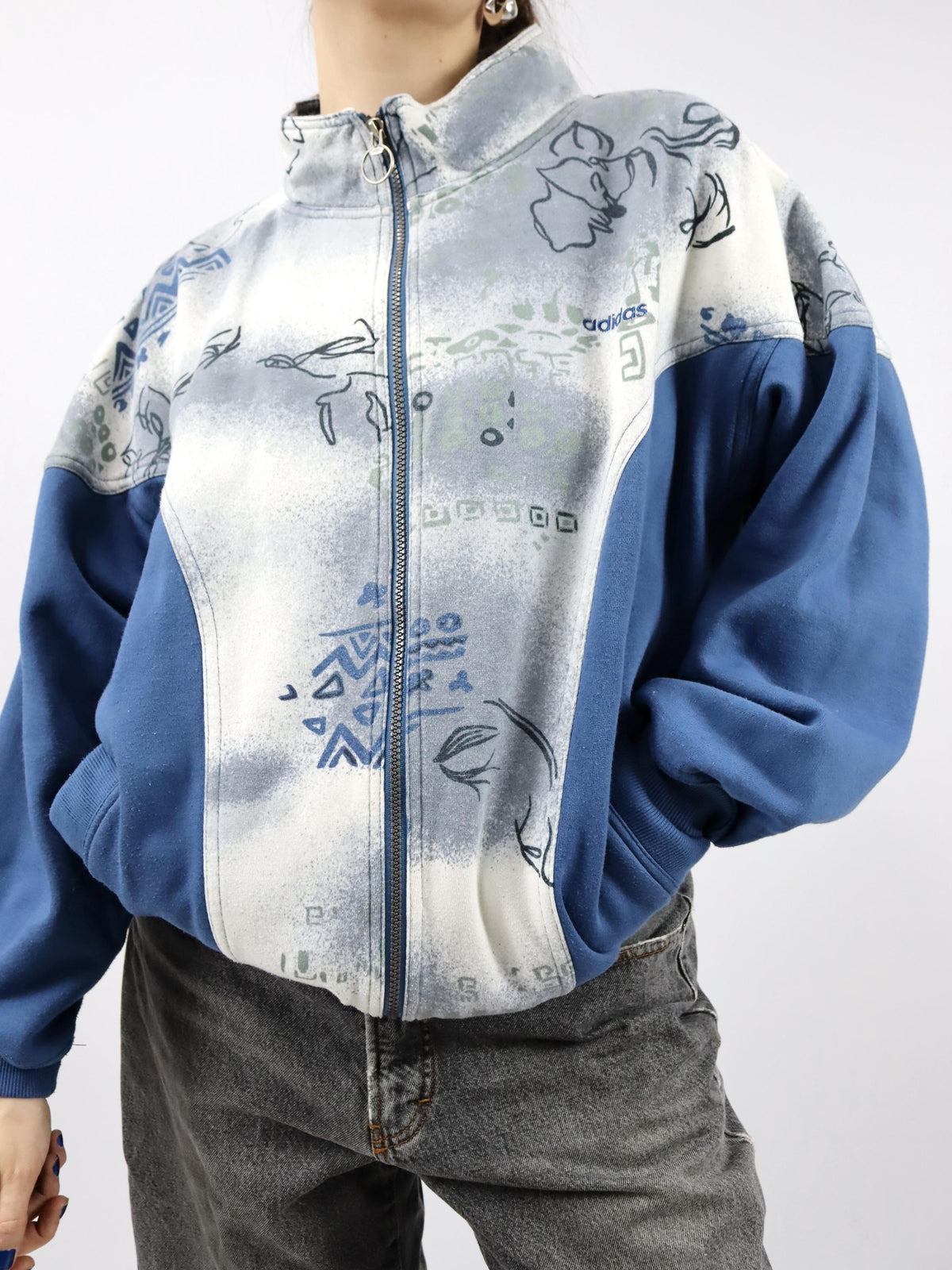 Vintage 80s 90s ADIDAS Sweatshirt Jacket blue crazy pattern Stand-up collar D46 L