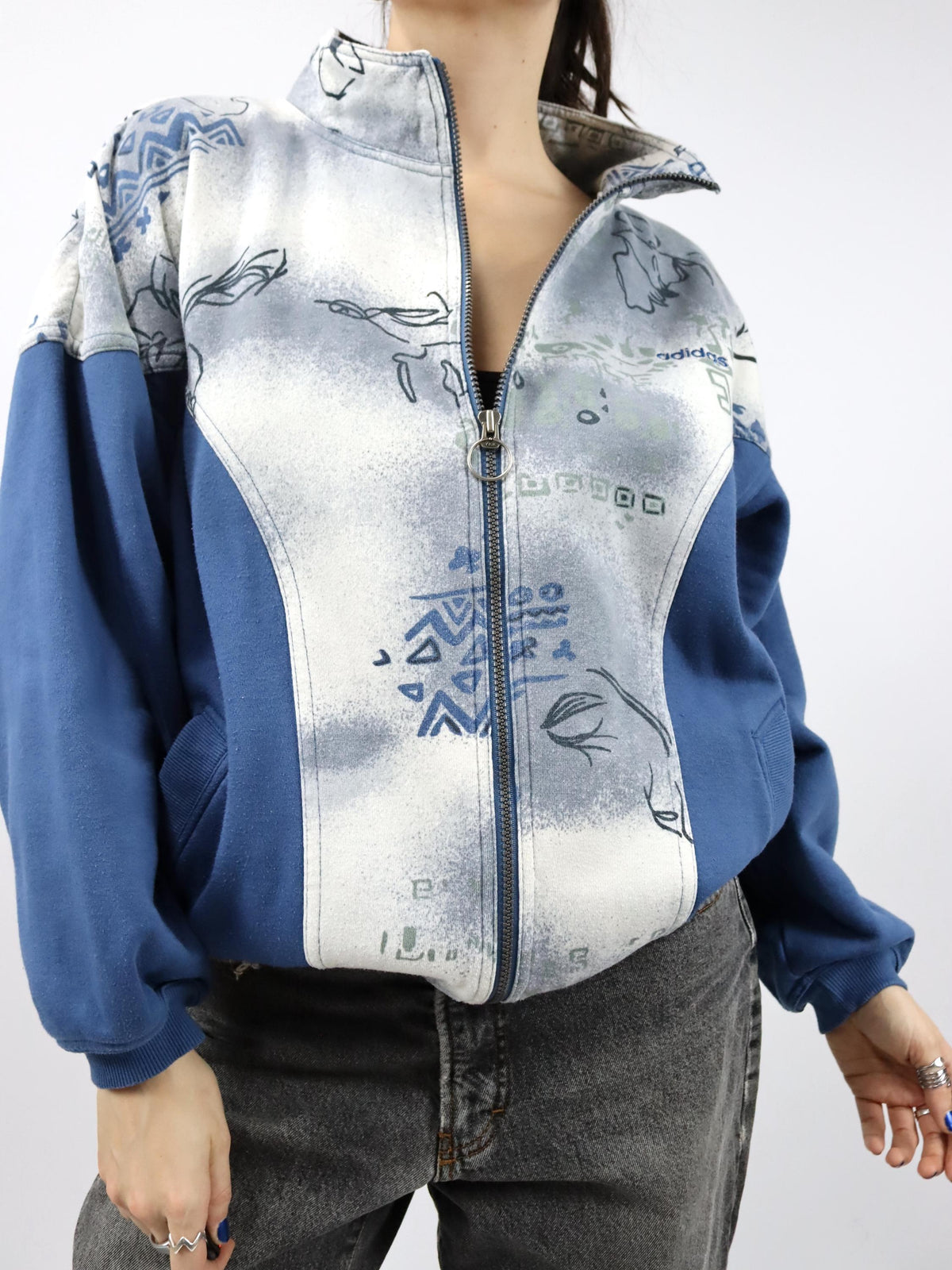 Vintage 80s 90s ADIDAS Sweatshirt Jacket blue crazy pattern Stand-up collar D46 L