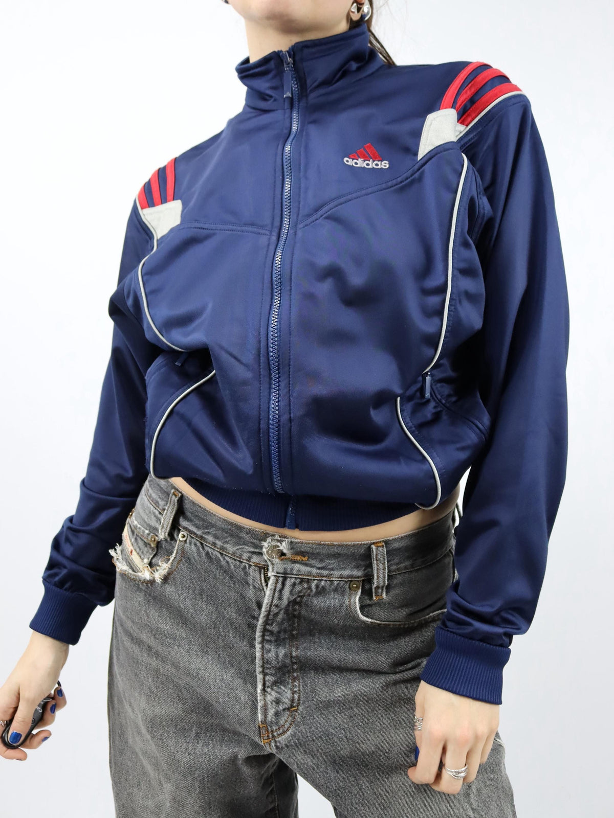 Vintage 80s 90s ADIDAS Track Jacket Stand-up Collar dark blue red 176 M