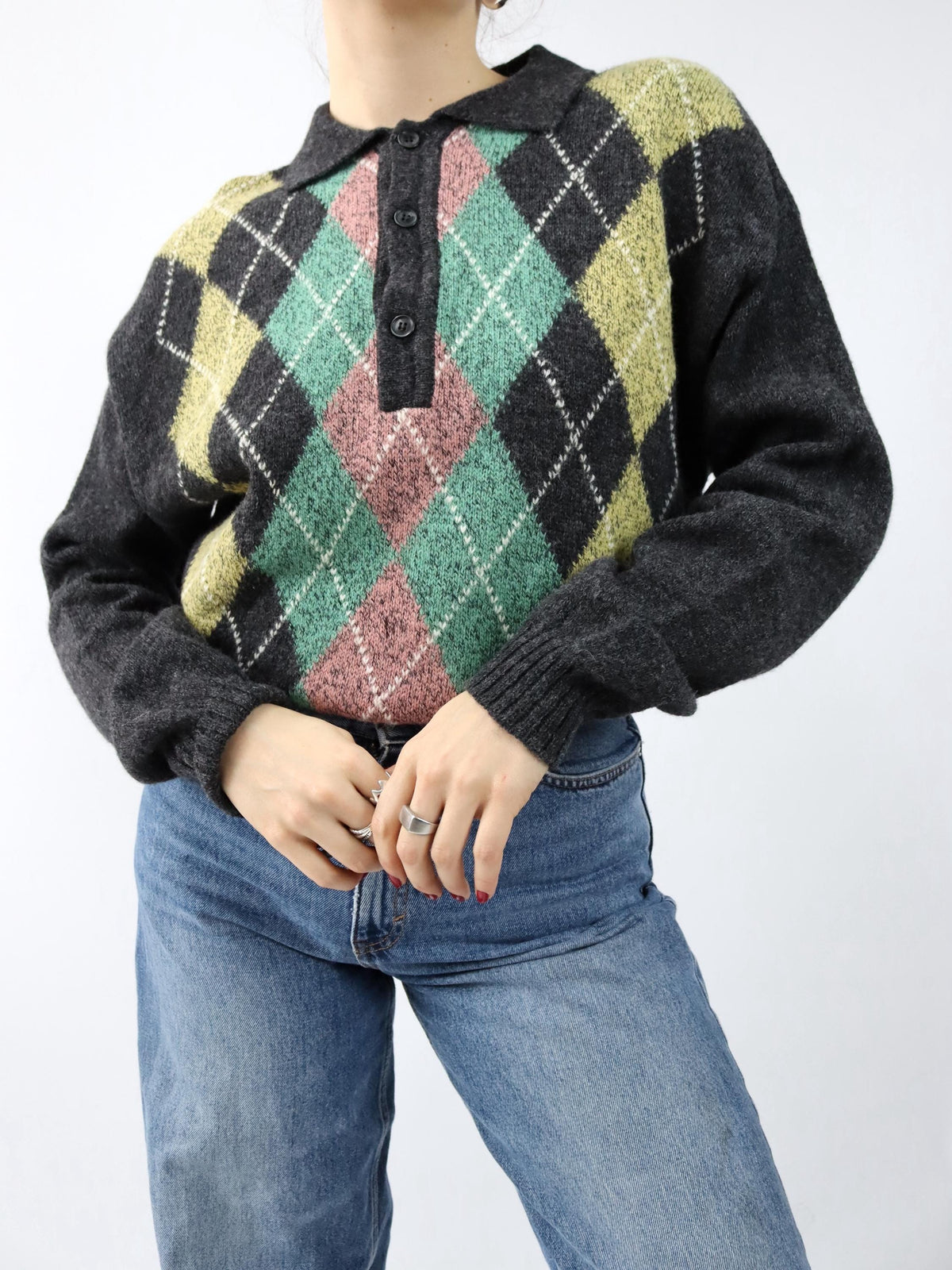 Vintage 80er 90er STEFANEL Wollpullover Kragen kariert Wolle 50 L