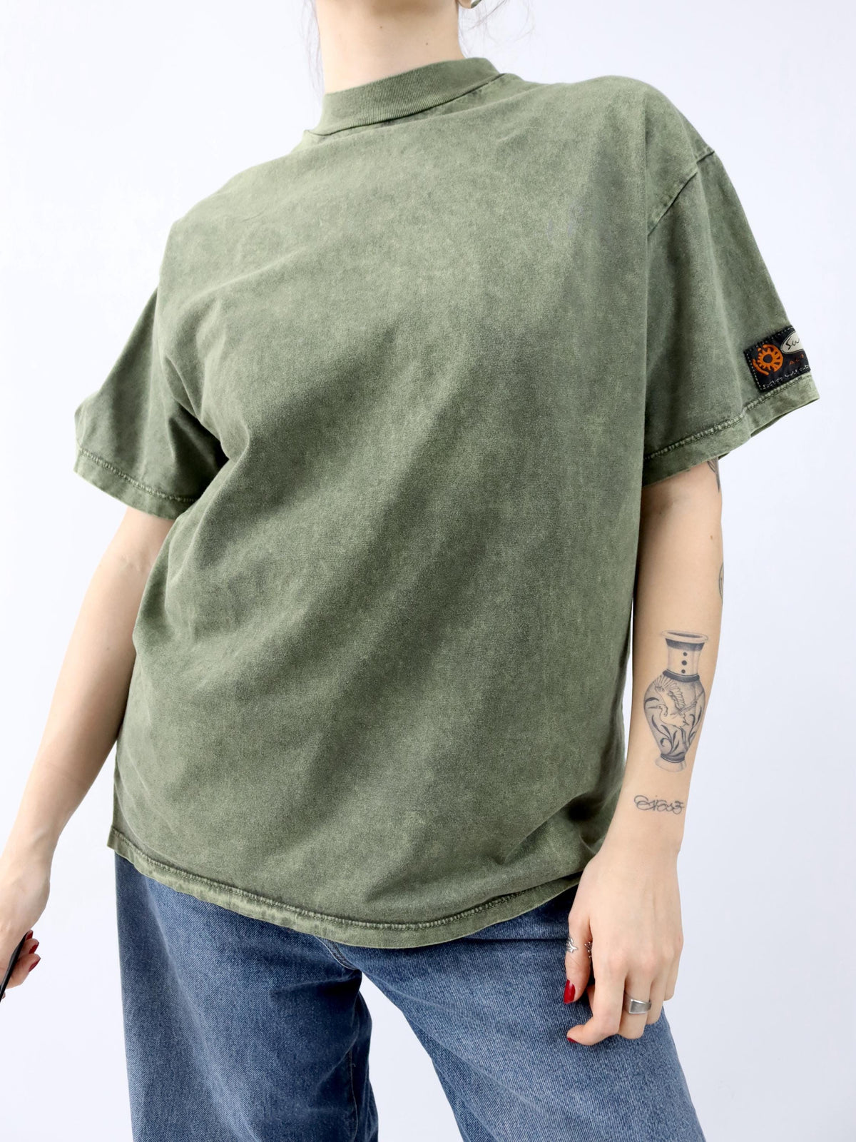 Vintage 80s 90s SURF TEAM T-Shirt short sleeve back print green used look M