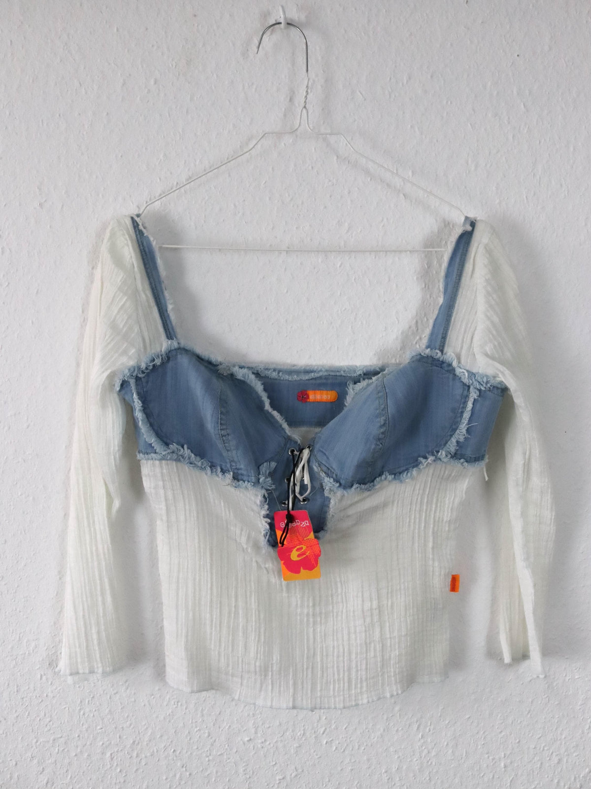Vintage 90er 00er Y2k ESSENZA Bluse Top Denim weiß leicht transparent Deadstock M/L