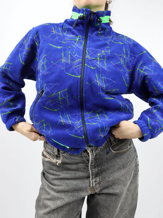 Vintage 80er 90er ASICS Fleecejacke Jacke Stehkragen crazy pattern blau grün M