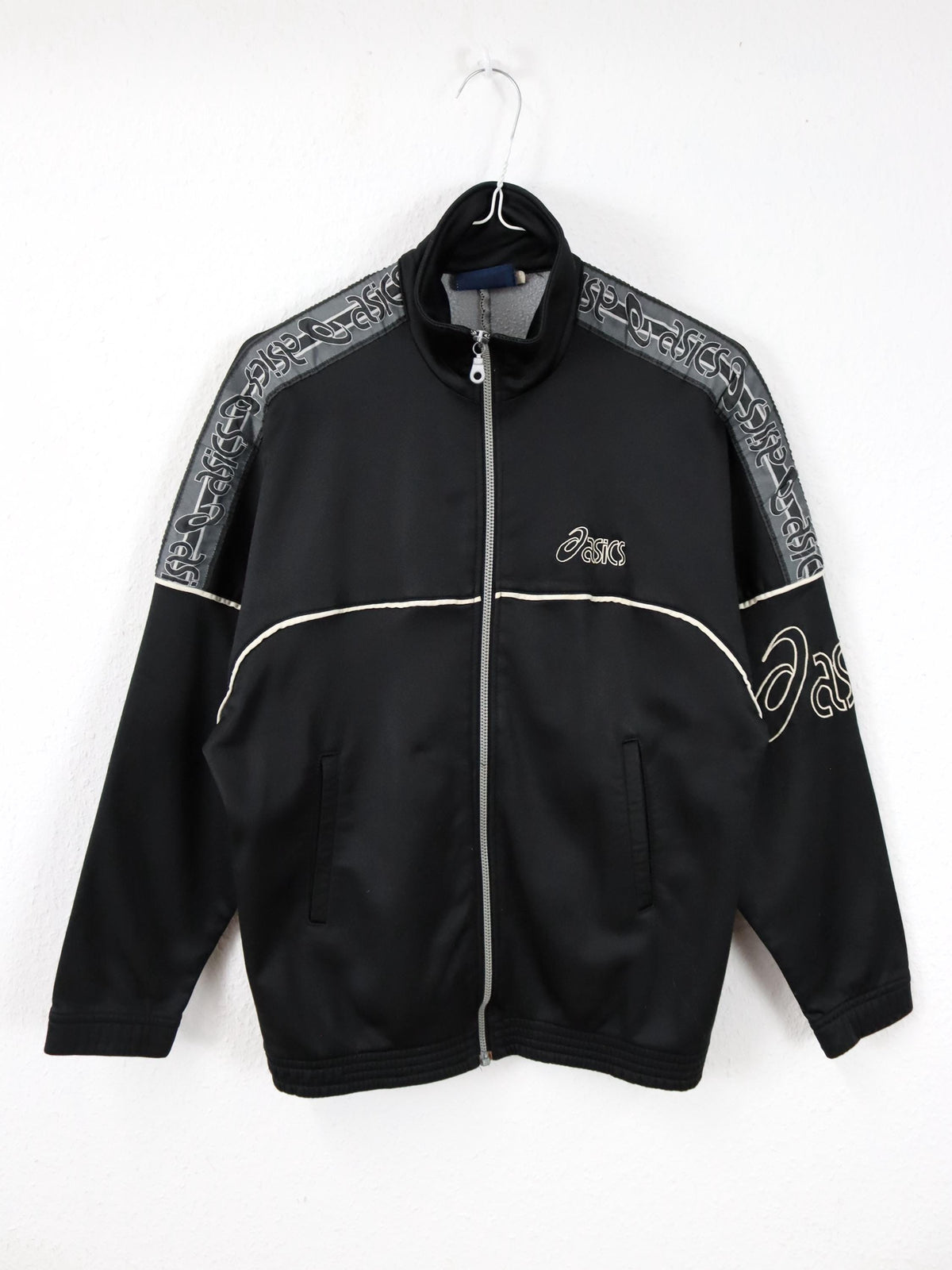 Vintage 80s 90s ASICS Track Jacket Stand-Up Collar Black White S