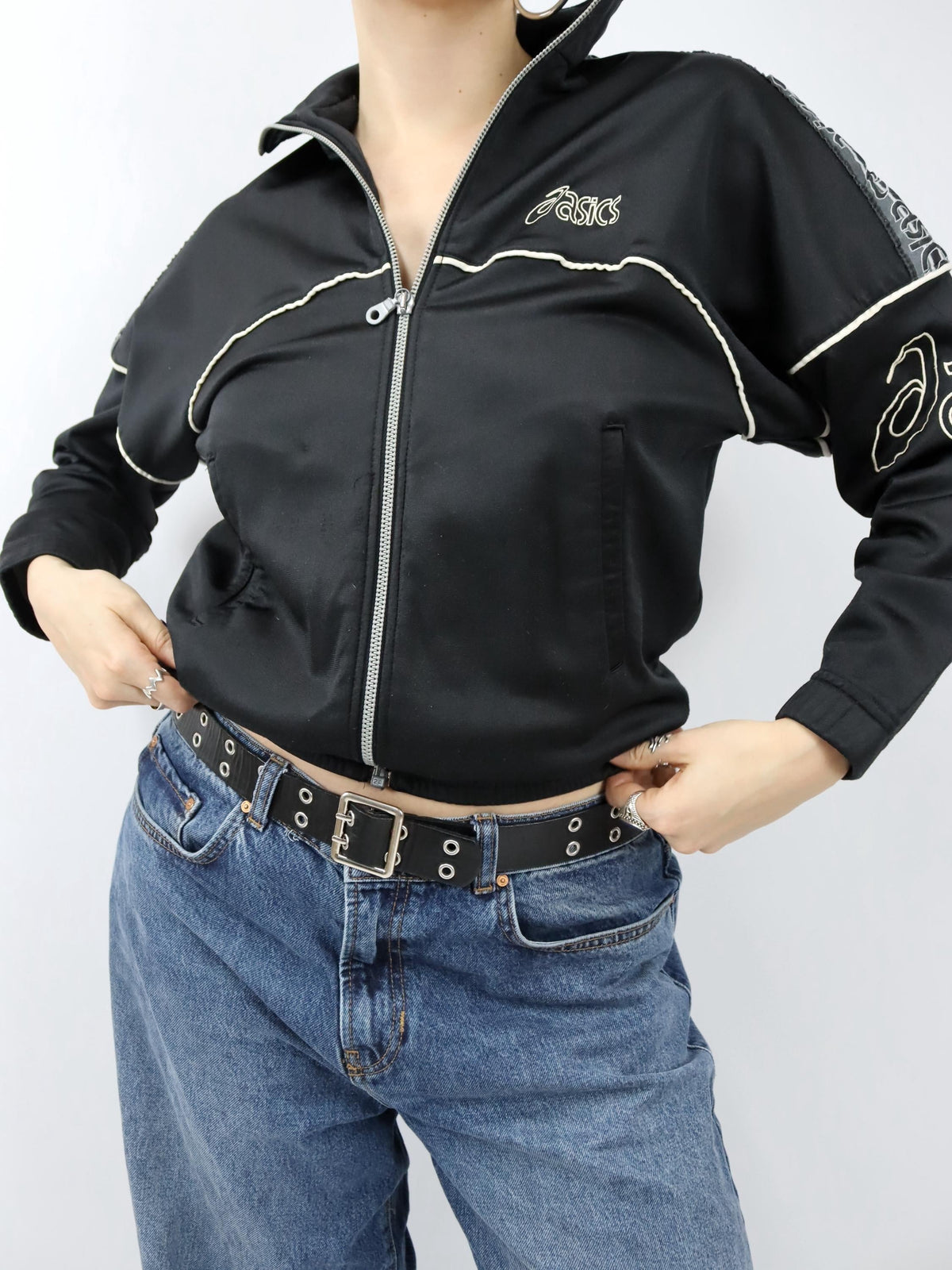 Vintage 80s 90s ASICS Track Jacket Stand-Up Collar Black White S