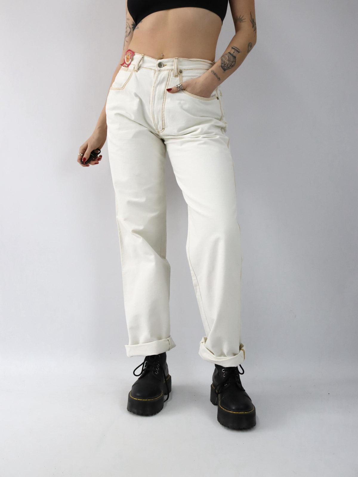 Vintage 80er 90er SOVIET Jeans Hose gerades Bein Baggy cremeweiß beige Deadstock W34