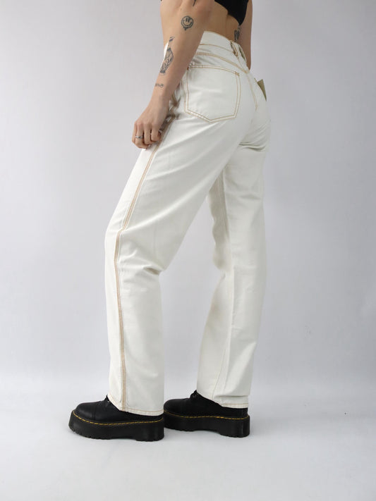 Vintage 80er 90er SOVIET Jeans Hose gerades Bein Baggy cremeweiß beige Deadstock W34