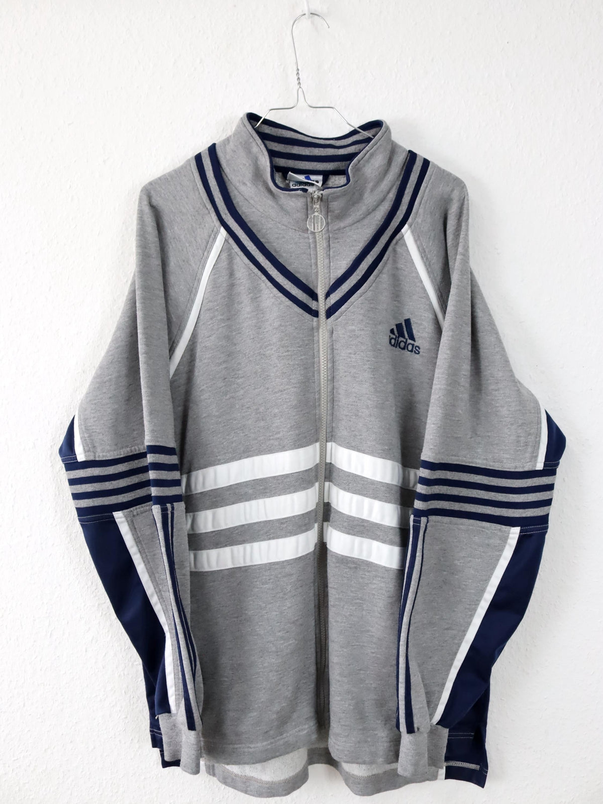 Vintage 80er 90er ADIDAS Trainingsjacke Stehkragen grau dunkelblau D7 L