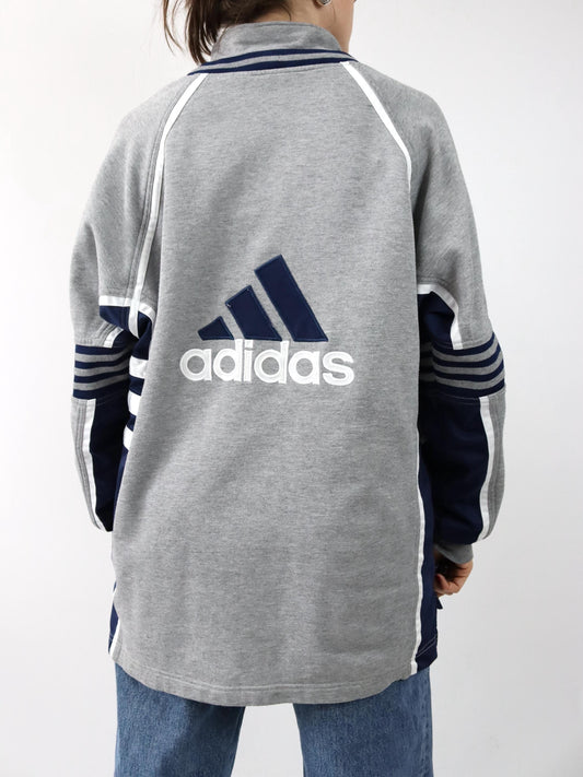 Vintage 80er 90er ADIDAS Trainingsjacke Stehkragen grau dunkelblau D7 L