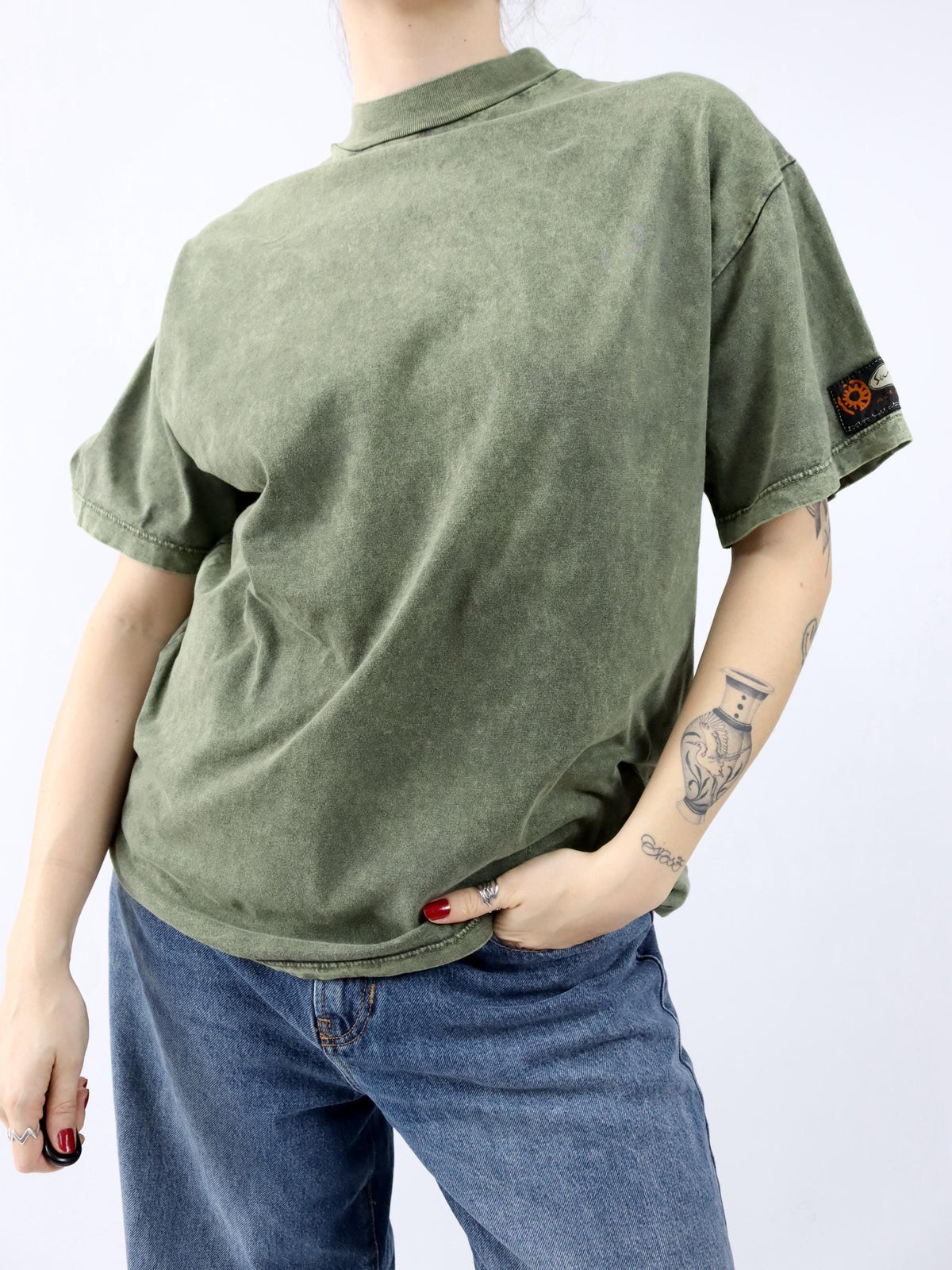 Vintage 80s 90s SURF TEAM T-Shirt short sleeve back print green used look M